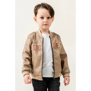 Titimix Kids Fermuarlı Nakışlı Ribana Yaka Erkek Çocuk Deri Ceket