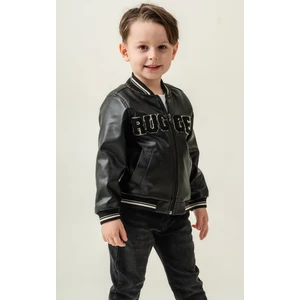 Titimix Kids Fermuarlı Nakışlı Ribana Yaka Erkek Çocuk Deri Ceket
