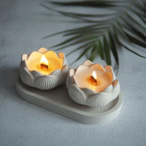 2 Adet Soya Mum Beton Ahşap Fitilli Lotus Çiçek Tabak Seti Kokulu Mum Hediyelik Dekoratif