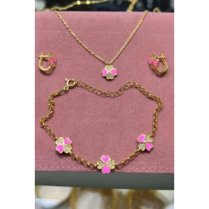 Gümüş Çocuk Yonca Model Küpe Kolye ve Bileklik Takım