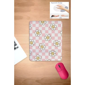 Pembe- Beyaz Kareli Papatya Desenli Mouse Pad, Bilek Destekli Konforlu Mousepad, Laptop Aksesuarı