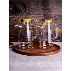 2'li Bambu Vakum Kapaklı 1000 ml Cam Yağdanlık Seti