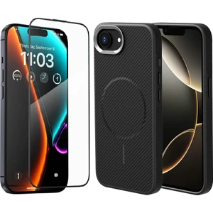 Apple iPhone 16E Kılıf Magsafe Şarj Özellikli Karbon Fiber Görünümlü Zore Troy Kapak + Cam Ekran Koruyucu