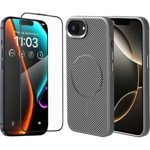 Apple iPhone 16E Kılıf Magsafe Şarj Özellikli Karbon Fiber Görünümlü Zore Troy Kapak + Cam Ekran Koruyucu