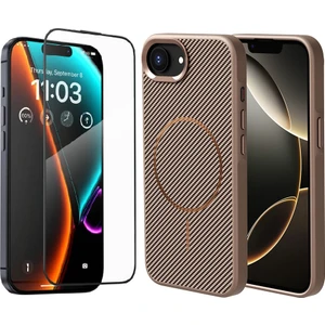 Apple iPhone 16E Kılıf Magsafe Şarj Özellikli Karbon Fiber Görünümlü Zore Troy Kapak + Cam Ekran Koruyucu