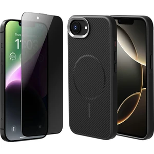 Apple iPhone 16E Kılıf Magsafe Şarj Özellikli Karbon Fiber Görünümlü Zore Troy Kapak + Hayalet Cam Ekran Koruyucu