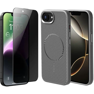 Apple iPhone 16E Kılıf Magsafe Şarj Özellikli Karbon Fiber Görünümlü Zore Troy Kapak + Hayalet Cam Ekran Koruyucu