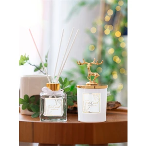Geyik Başlıklı Gold Detaylı Çubuklu Oda Kokusu 100 ml ve Beyaz Bardak  Mum Seti