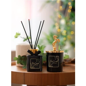 Dekoratif At Başlıklı Gold Detaylı Çubuklu Oda Kokusu 100 ml ve Siyah Bardak Mum Seti