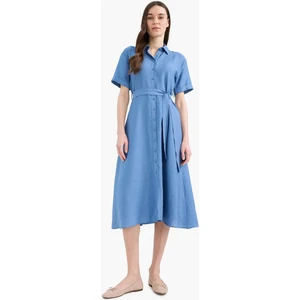 Regular Fit Gömlek Yaka Kuşaklı Kısa Kollu Midi Elbise E7932AX25SP