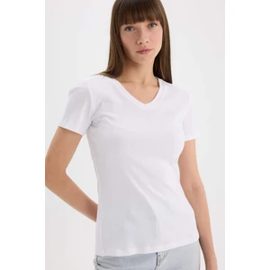 Slim Fit Dar Kesim V Yaka Ribana Basic Düz Kısa Kollu Beyaz Tişört I1080AZ25SP