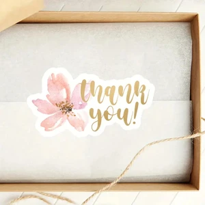 200 Adet Suluboya Tarzı Pembe Çiçekli "thank You" Yazılı Teşekkür Etiketi 3.81X2.03 cm Sticker