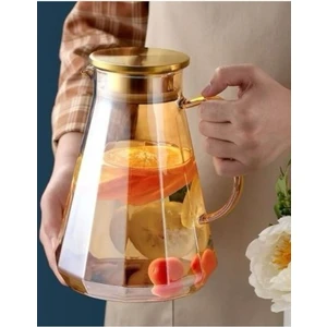 Borosilikat Cam Metal Kapaklı Lüks Elmas Sürahi 1900 ml Gold