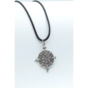 Viking Vegvisir Pusula  Gümüş Kaplama Deri İp Kolye