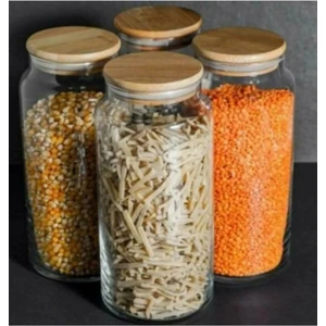 4'lü Bambu Kapaklı Cam Kavanoz 1300 ml