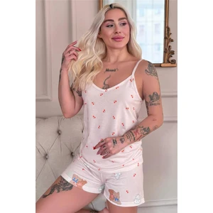 Açık Pudra Bear Desenli Ip Askılı Şortlu Kadın Pijama Takımı
