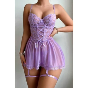 Zamansız Lila Ip Detaylı Bacaklık ve Gecelik