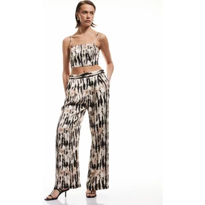 Rahat Kalıp Batik Desenli Cepli Yüksek Bel Palazzo Saten Pantolon