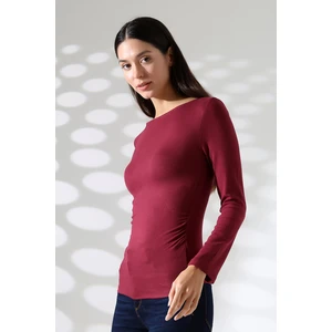 Uzun Kollu Kayık Yaka Yanları Büzgülü Vücuda Oturan Basic Kadın Body T-Shirt 21951 Bordo