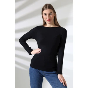 Uzun Kollu Kayık Yaka Yanları Büzgülü Vücuda Oturan Basic Kadın Body T-Shirt 21951 Siyah