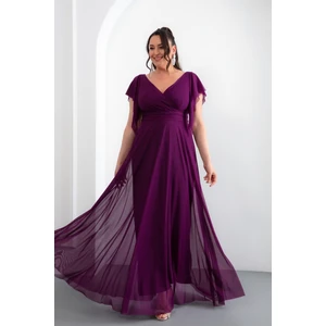 Kadın Mürdüm V Yaka Kısa Kollu Büyük Beden Uzun Abiye Elbise