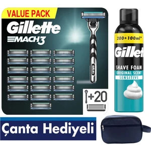 Mach3 Makine + Gillette Mach3 20 Adet Yedek Tıraş Bıçağı + Gillette 300ml Tıraş Köpüğü + Seyahat Çantası