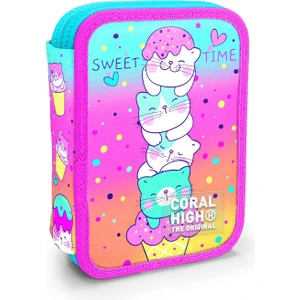 Coral High Kids Renkli Dondurmalı Kedi Desenli Çift Katlı Kalem Çanta 11139
