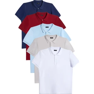 Erkek 5'li Paket Bordo-Gri-Lacivert-Beyaz-Mavi Slim Fit Dar Kesim Pamuklu Düz Pike Polo Yaka Tişört