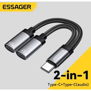 2'si 1 Arada Type-C To Type-C+60W Şarj ve Kulaklık Çevirici Adaptör Hi-Fi Ses CE+RoHs Lisanslı Örgülü Sağlam Orjinal