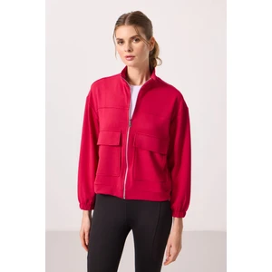 Tommy Life Siyah Yumuşak Dokulu Dik Yaka Oversize Kargo Cepli Kadın Crop Top Sweatshirt - 97301