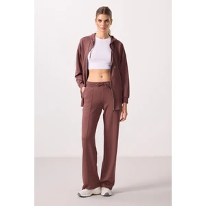 Kahverengi Yumuşak Dokulu Cepli Ön Dikiş Detaylı Kadın Palazzo Pantolon - 94670