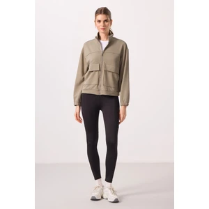 Tommy Life Koyu Bej Yumuşak Dokulu Dik Yaka Oversize Kargo Cepli Kadın Crop Top Sweatshirt - 97301