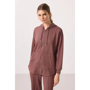 Tommy Life Kahverengi Yumuşak Dokulu Kapüşonlu Oversize Kadın Tunik Sweatshirt - 97302