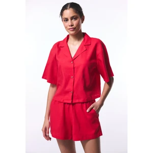 Kırmızı Tera Keten Kısa Kol Gömlek