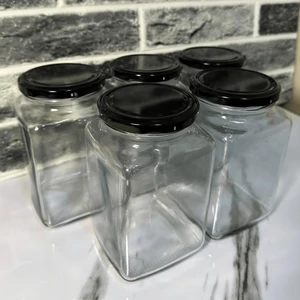 5'li 1000 ml Kapaklı Köşeli Cam Kavanoz - Siyah Kapaklı