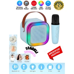 K12 Kablosuz Bluetooth Hoparlör Mavi Karaoke Mikrofon 5 Ses Efektli Rgb Hd Stereo Ses Usb/sd/fm
