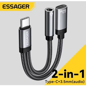 2'si 1 Arada Type-C To 3.5mm+60W Hızlı Şarj ve Kulaklık Çevirici Hi-Fi Ses CE/FC/ROHS Lisanslı Hasır Örgülü Sağlam