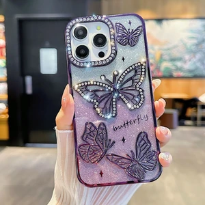 Yuax Apple iPhone 14 Pro Max Uyumlu Kılıf Taşlı Kelebek Figürlü Yumuşak Silikon Case Mor