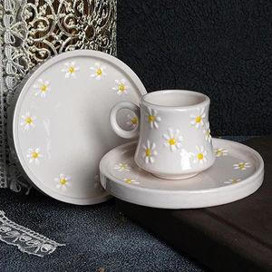 Papatya Desenli Tek Kişilik El Yapımı Fincan Takımı