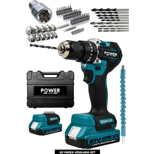 Power Black 21 V  Kömürsüz (Fırçasız Motor) Darbeli Çelik Mandren Çelik Şanzıman Şarjlı Matkap Mavi