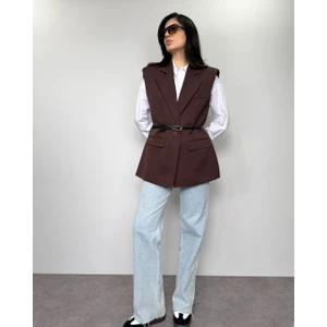 Kahve Rengi Vatkalı Kemerli Oversize Yelek