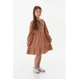 Çiçekli Beli Bağlamalı Önü Düğmeli Kız Çocuk Elbise