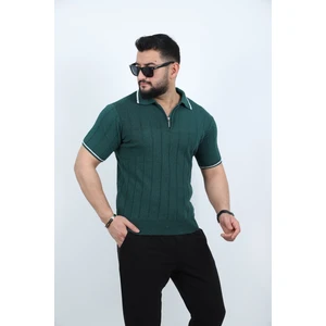 Yeşil Yarım Fermuarlı Polo Yaka Düz Triko Örme Tişört