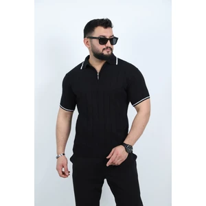 Siyah Yarım Fermuarlı Polo Yaka Düz Triko Örme Tişört
