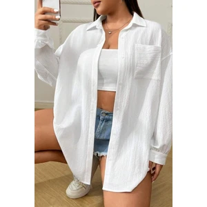 Kadın Beyaz Tek Cepli Bürümcük Oversize Gömlek