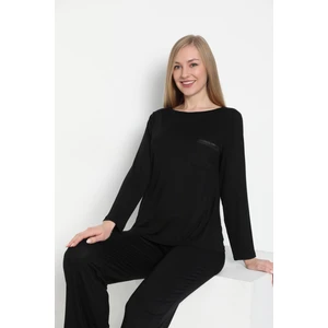 Kadın Uzun Kol Bisiklet Yaka Viskon Siyah Pijama Takımı C9T3N5O-048