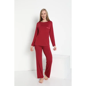 Kadın Uzun Kol Bisiklet Yaka Bordo Mürdüm Pijama Takımı C9T3N5O-048