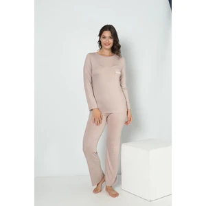 Kadın Uzun Kol Bisiklet Yaka Viskon Taş Pijama Takımı C9T3N5O-048