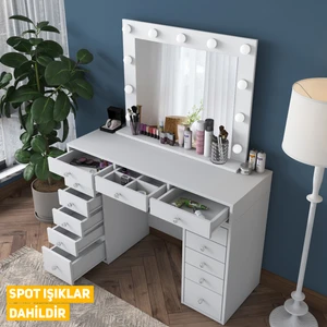 BJ119 Hollywood Işıklı Aynalı Kulis Makyaj Masası 13 Çekmeceli Takı Düzenleyici Beyaz
