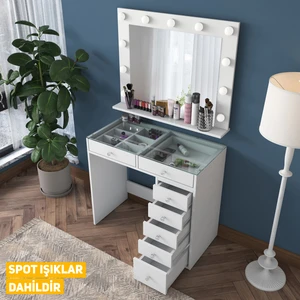 BJ117 Hollywood Işıklı Aynalı Kulis Makyaj Masası Cam Tablalı 7 Çekmeceli Takı Düzenleyici Beyaz